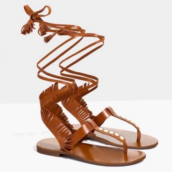 Zara Trafaluc Women's Leather Stud Detail Gladiator Fringe Strappy Flat Sandals - Picture 1 of 11